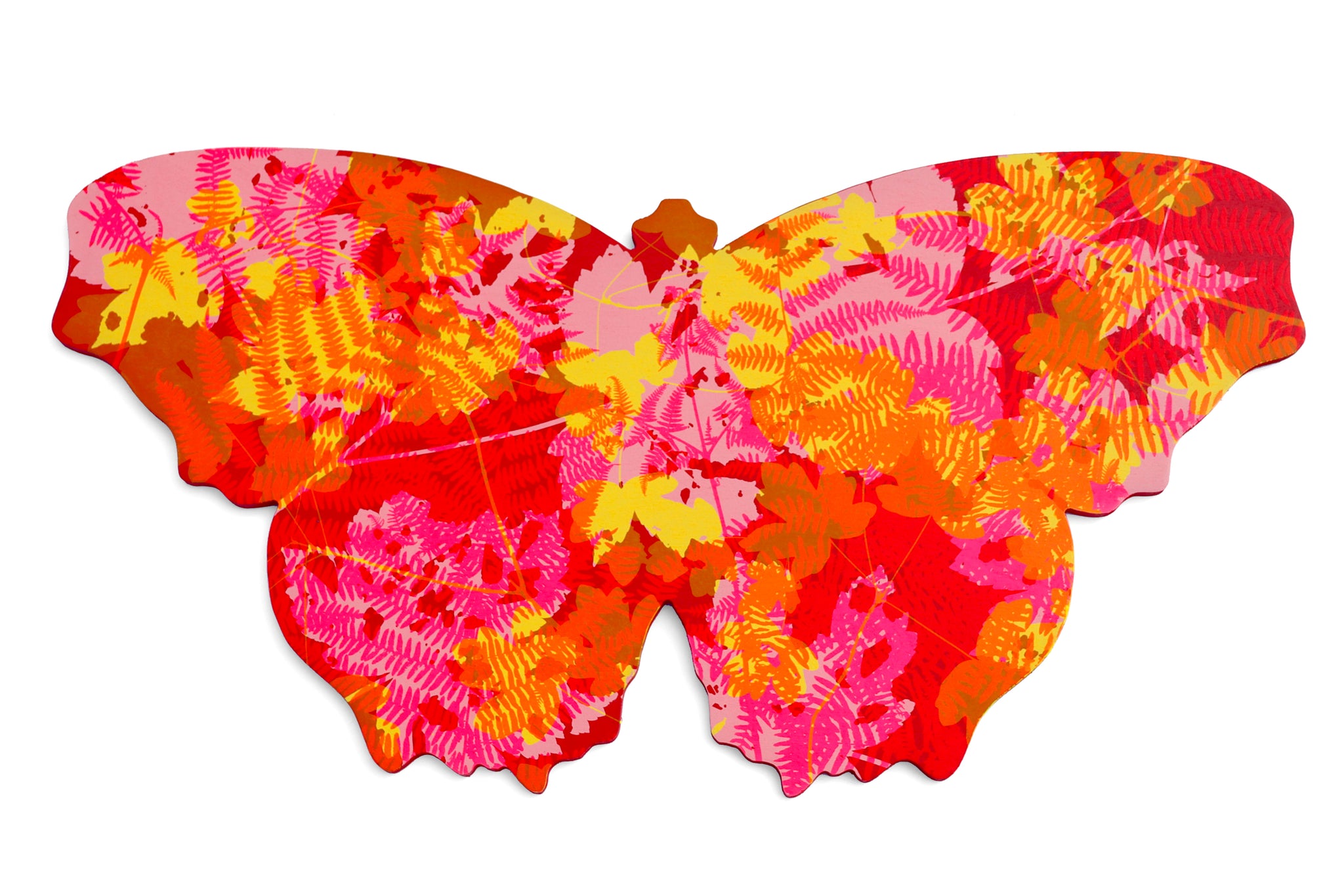 A butterfly shaped artwork with brightly coloured, screenprinted layered silhouettes of wild plants. The predominant colours are pink, red and orange. 