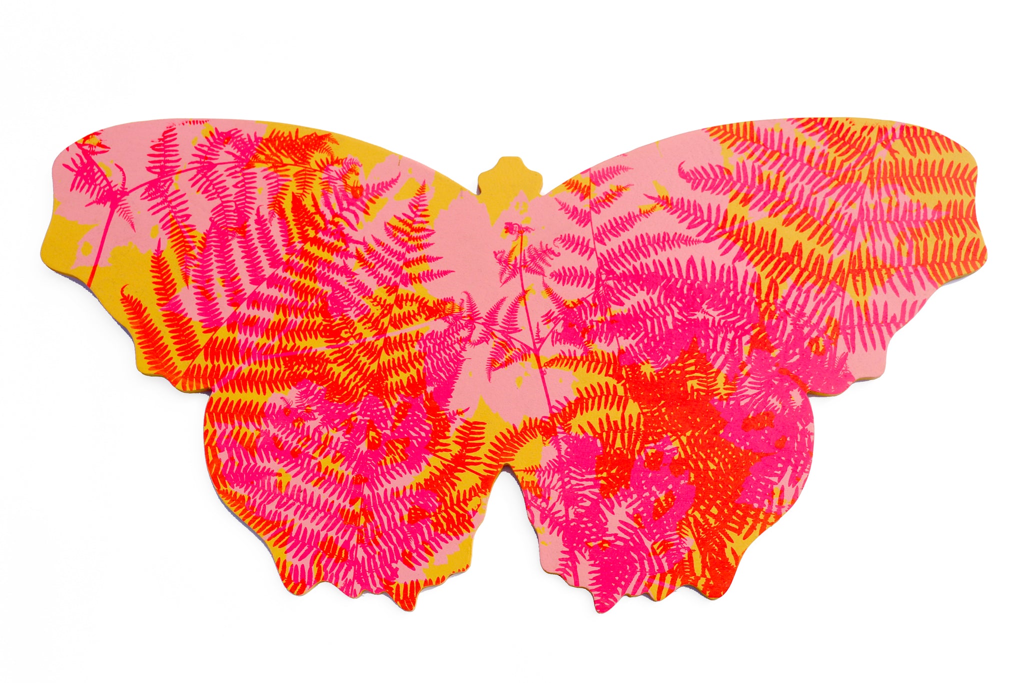 A butterfly shaped artwork with brightly coloured, screenprinted layered silhouettes of wild plants. The predominant colours are pink, red and orange.