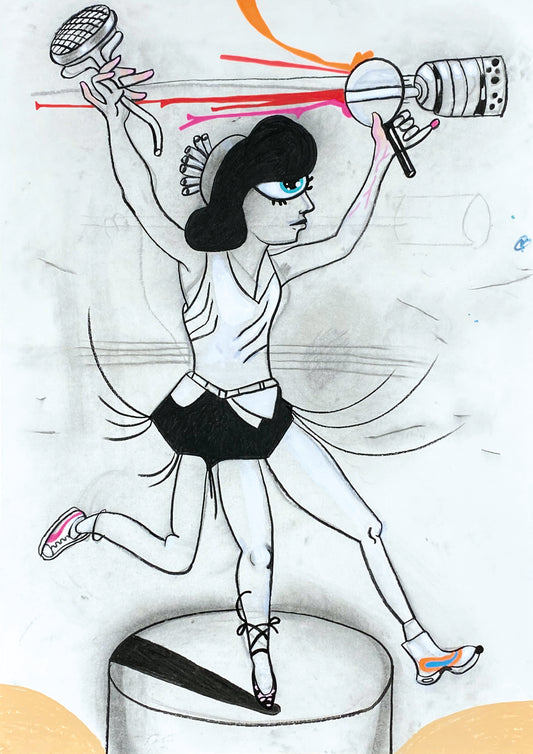 Truth-searching Waitress, Steady on her Tripod Legs, Getting Signals - Framed